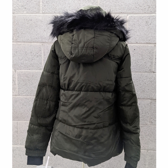 XOXO Faux Fur Hooded Puffer Coat Large Green - Picture 3 of 6